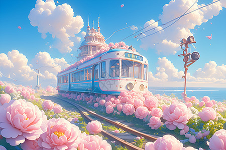 霓虹列车穿过花海背景图片