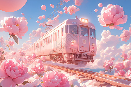 梦幻花海中的粉色列车图片