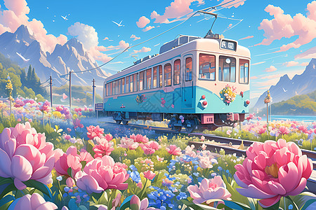花海中行驶的可爱小火车背景图片