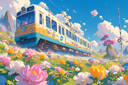 火车穿过盛开的牡丹花海图片