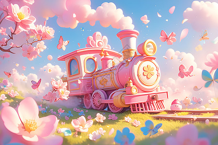 粉色火车在田野中行驶图片