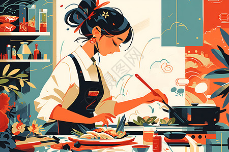 美食动漫素材厨房做饭的女孩插画