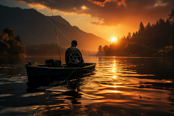 渔夫坐着小船垂钓图片