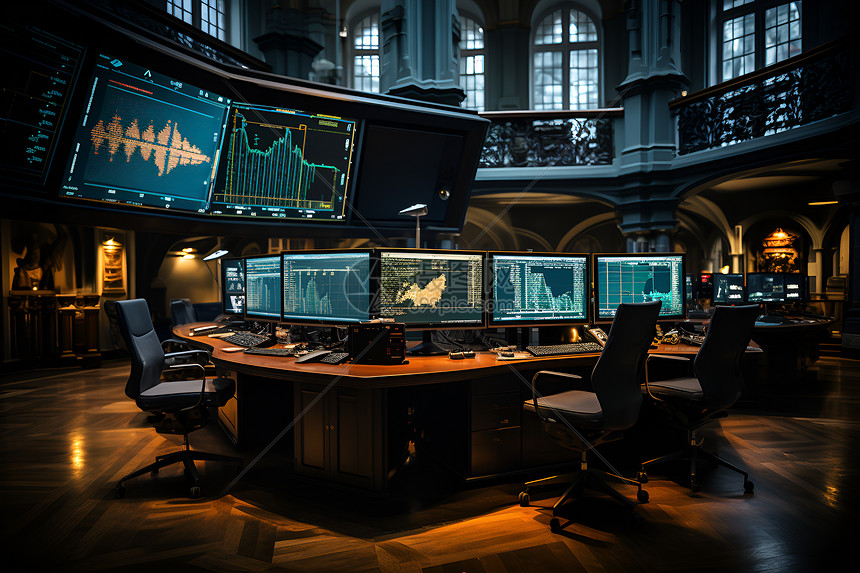 金融交易大厅里的计算机图片