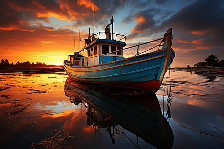 捕鱼夕阳下的海湾渔船背景