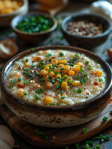 碗里食物和旁边的调料图片