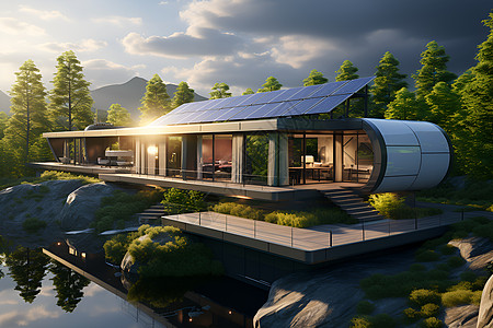别墅屋顶上的太阳能电池板图片