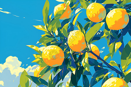 蓝天下的柠檬树高清图片