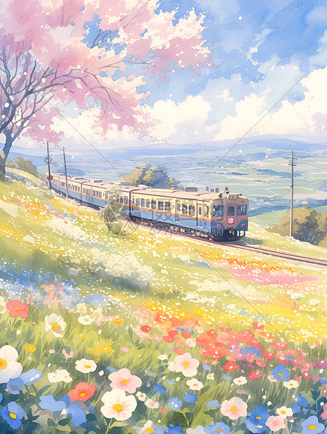 春日绚丽花卉和列车图片