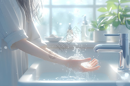 阳光里洗手的女人图片