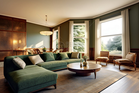 家中客厅的绿色沙发图片