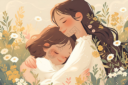 花丛里的妈妈和女儿图片