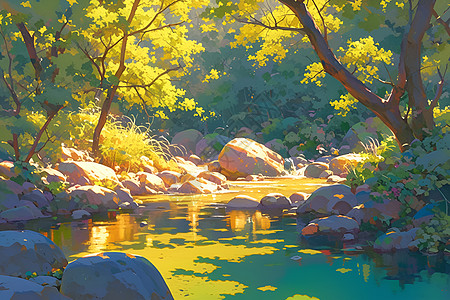 阳光透过树木洒在溪流上图片