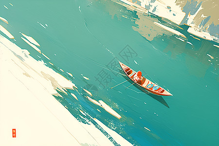 平静的湖水小船在清澈的小溪上漂浮插画