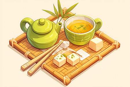 百香果绿茶和风茶道传统仪式与美食结合插画