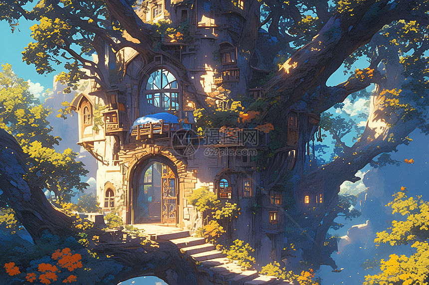 童话森林中的树屋图片