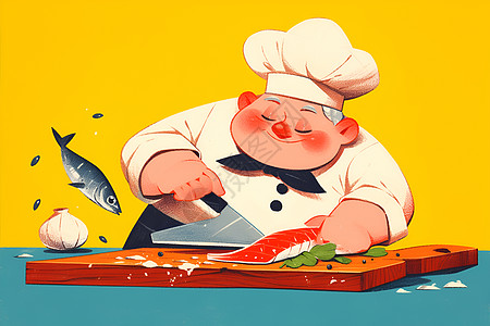 三文鱼素材厨师切割三文鱼插画