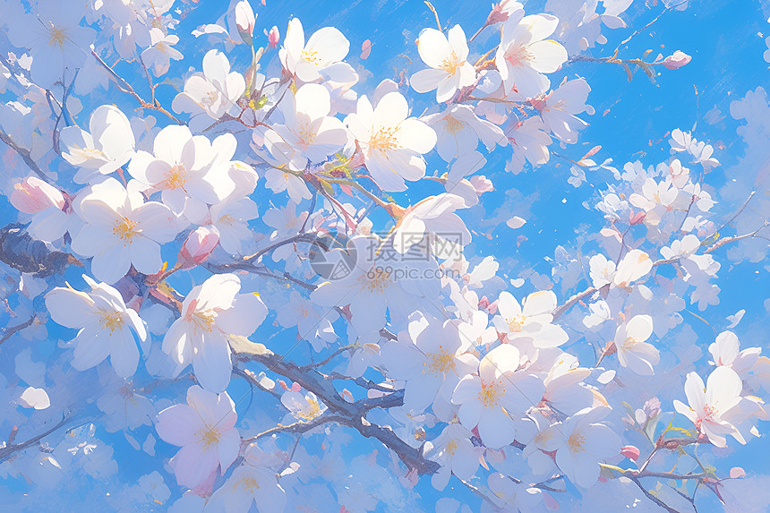 宁静蓝天下绽放的樱花图片