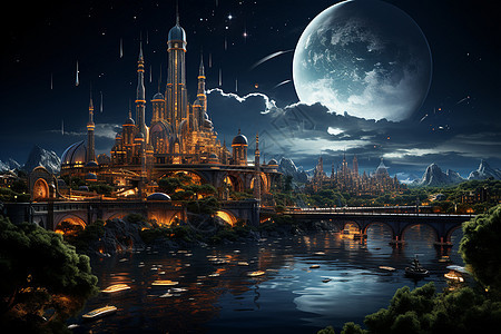 月下城市背景图片