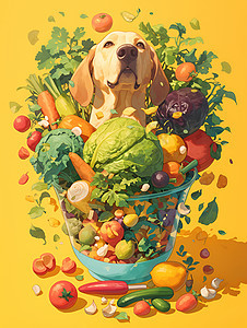 水果和蔬菜中的小狗图片