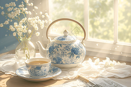 丝绸上的青花瓷茶壶图片