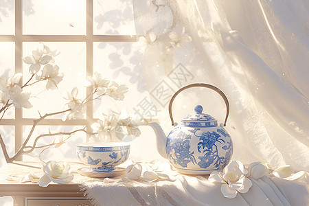 阳光里的陶瓷茶具图片