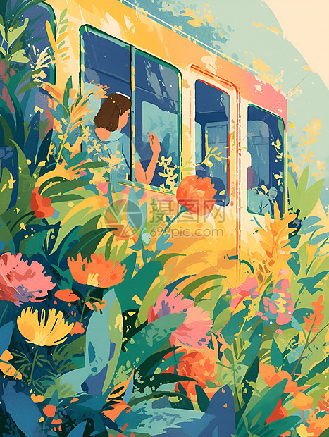 户外的花朵和火车图片