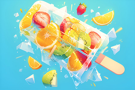 夏天水果果汁冰棒的艺术呈现插画