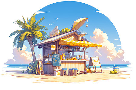 热带沙滩上的果汁亭图片