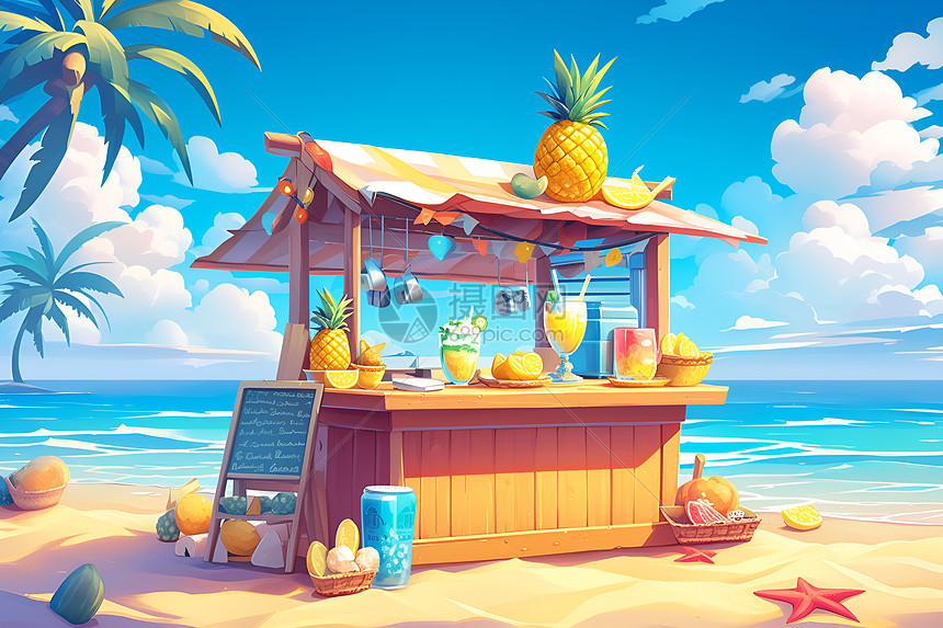 热带沙滩上的果汁亭图片