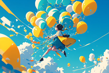 蓝天上的女子伴着气球图片