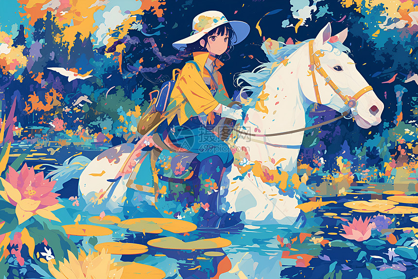 彩色世界中的少女骑马图片