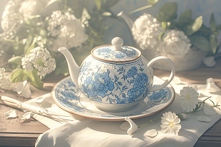 优雅的蓝白茶壶图片