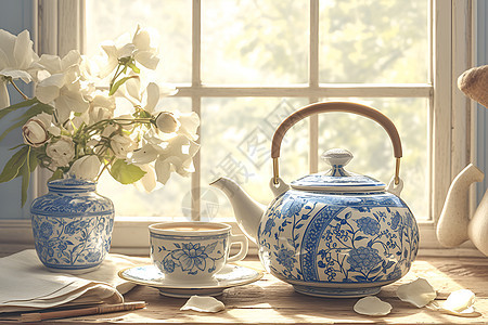 清雅蓝白茶壶图片