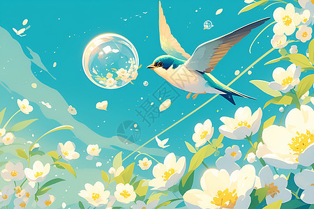 燕子与白色花朵背景图片