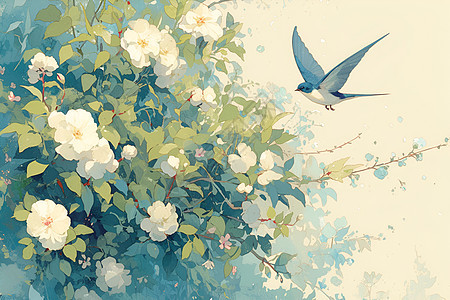 白色花朵与飞鸟图片