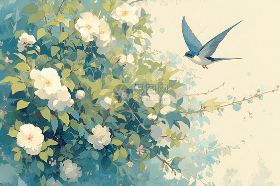 白色花朵与飞鸟图片