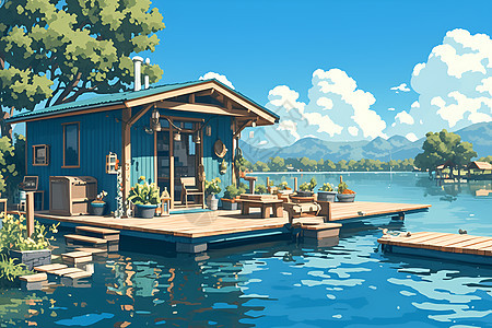 湖畔小舍插画图片