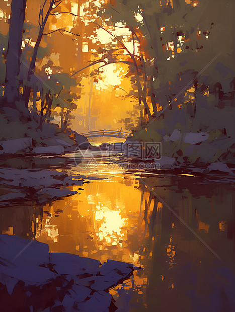 夕阳下的丛林溪流图片