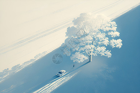 冬日蓝天冬日树下的汽车插画
