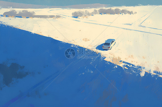 河边雪地上的汽车图片