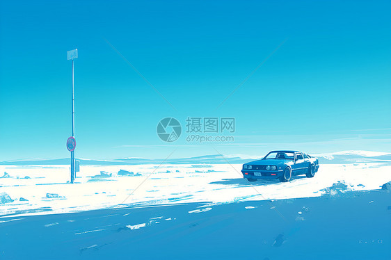 旷野雪原上的汽车图片