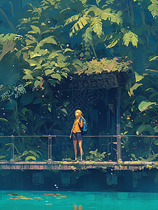 女孩在绿树环绕的湖边背景图片