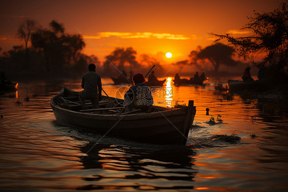 木舟上坐着的渔夫图片