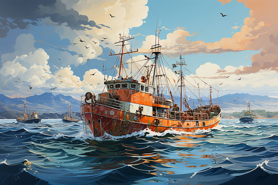 海上的渔船插图图片