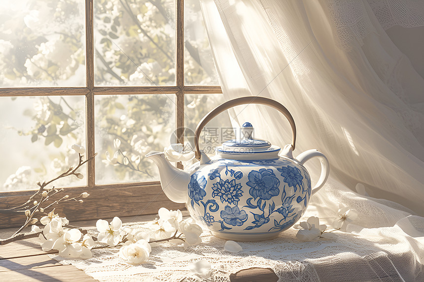 精美的蓝白茶壶图片
