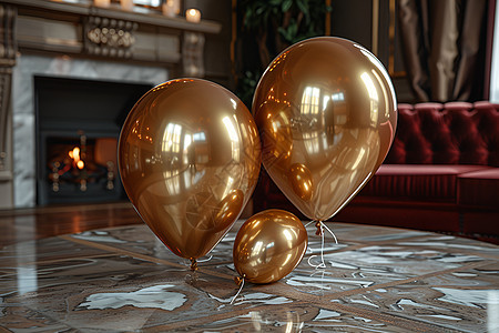 两个金色气球在地板上图片