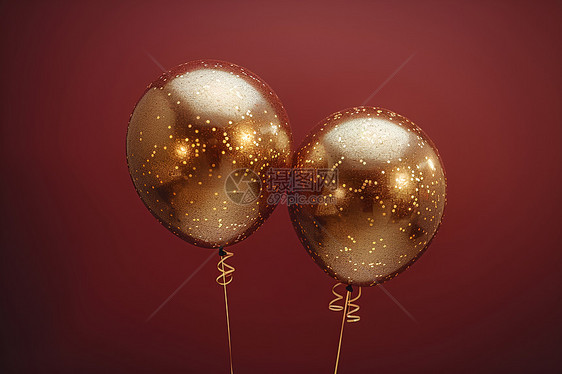 金色气球漂浮在红背景前图片