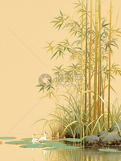 池塘里的鸭子与竹林图片