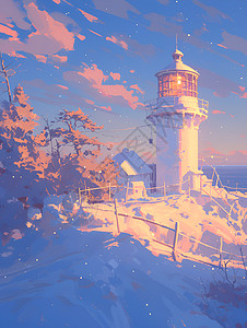 冰雪覆盖的海边灯塔图片